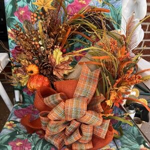 Autumn Harvest Wreath with Orange Plaid Bow